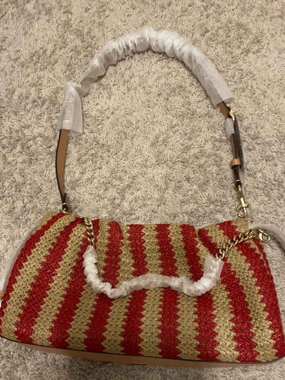 COACH faye large shoulder bag withstripes. gold/red/tan. item # cer31.